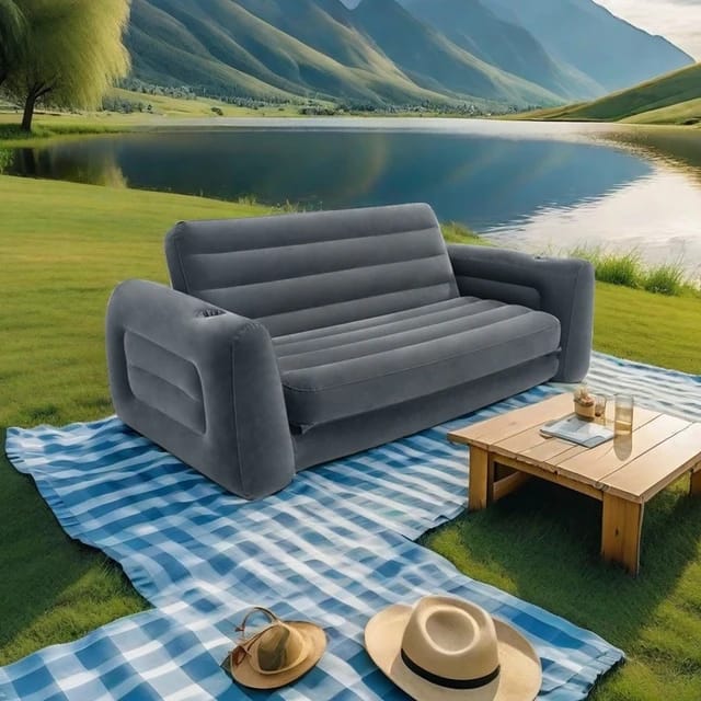 Inflatable 3 Seater with Queen Sized Pull-Out Sofa Bed, Gray - Air Mattress, Portable Couch, Lounge Chairs, Guest Beds 3 seater Intex Inflatable Pull-Out Sofa PLUS FREE Electric / Manual PUMP