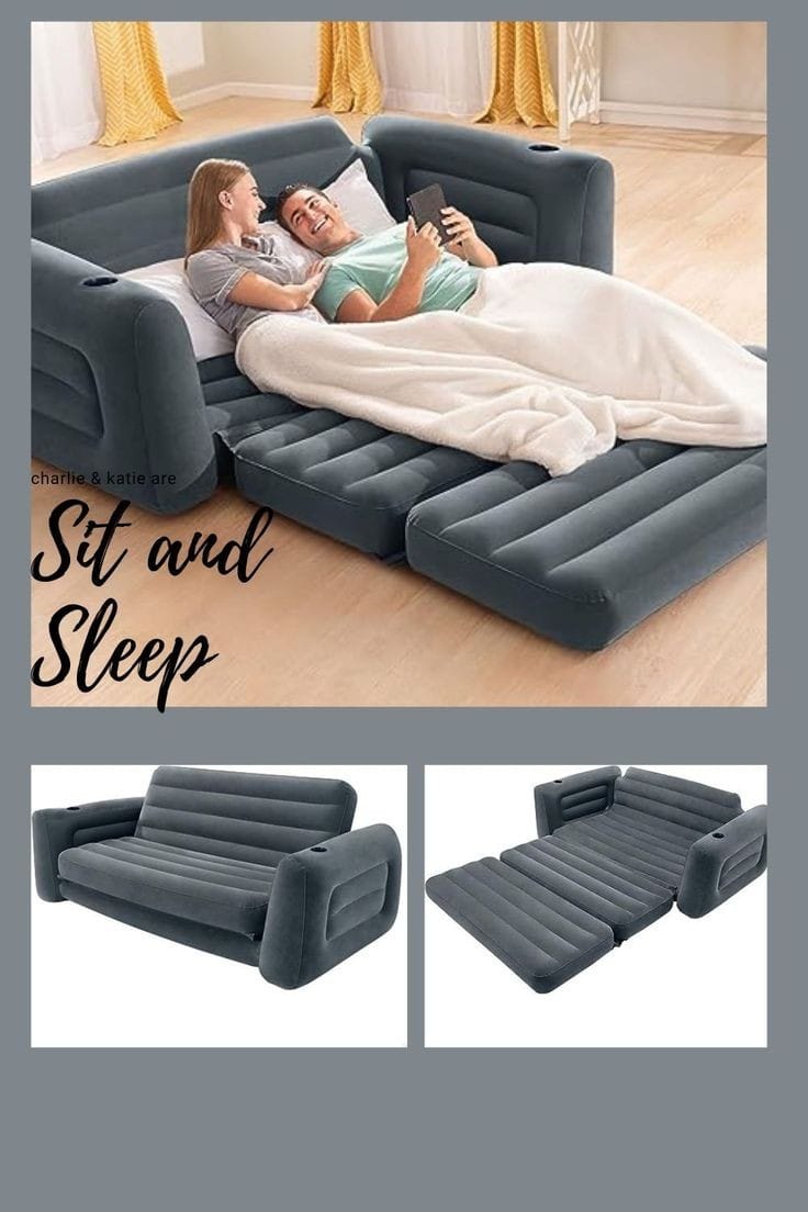 Inflatable 3 Seater with Queen Sized Pull-Out Sofa Bed, Gray - Air Mattress, Portable Couch, Lounge Chairs, Guest Beds 3 seater Intex Inflatable Pull-Out Sofa PLUS FREE Electric / Manual PUMP