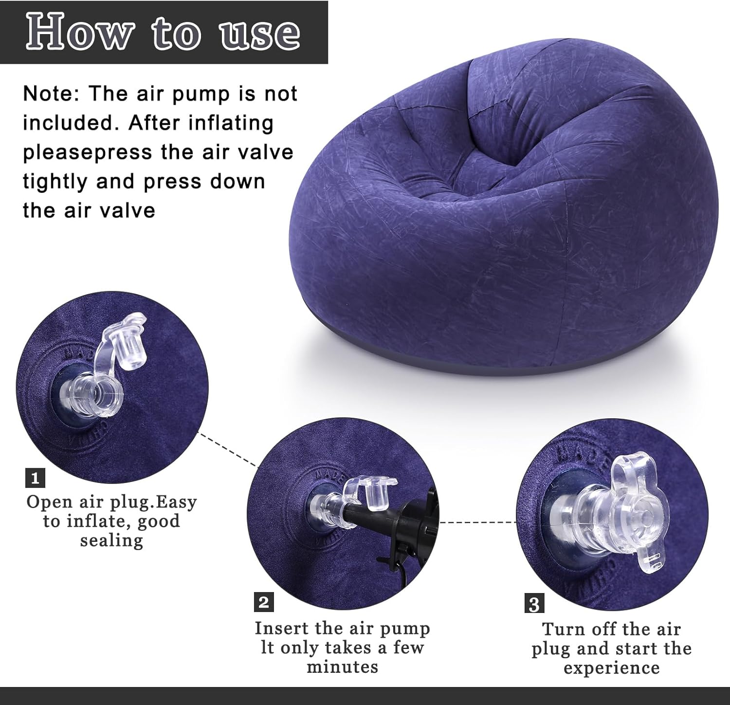 Inflatable Bean Bag Chair for Adults Blow up Lazy Sofa Lounge Folding Portable Movie Night Chair for Reading Room Bedroom Living Room Camping
