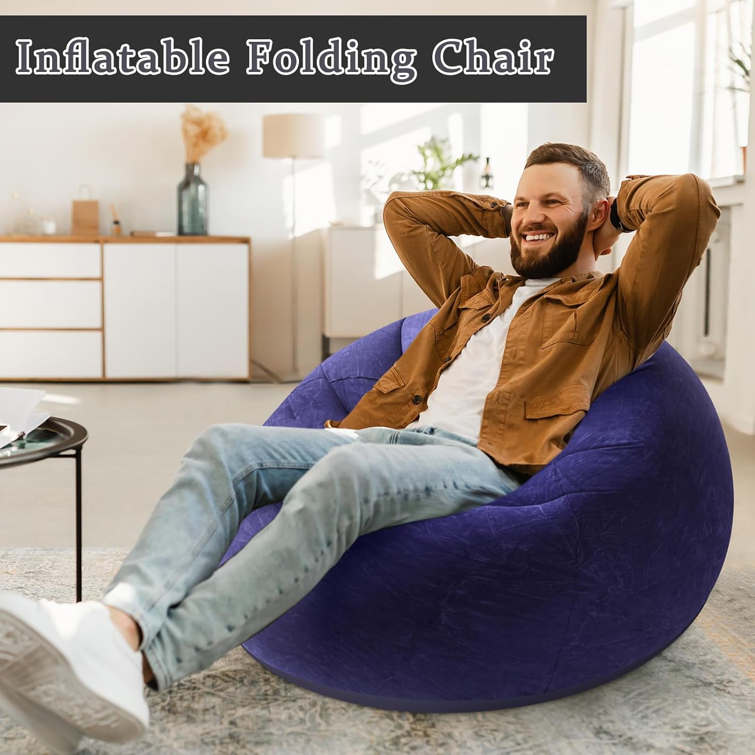 Inflatable Bean Bag Chair for Adults Blow up Lazy Sofa Lounge Folding Portable Movie Night Chair for Reading Room Bedroom Living Room Camping