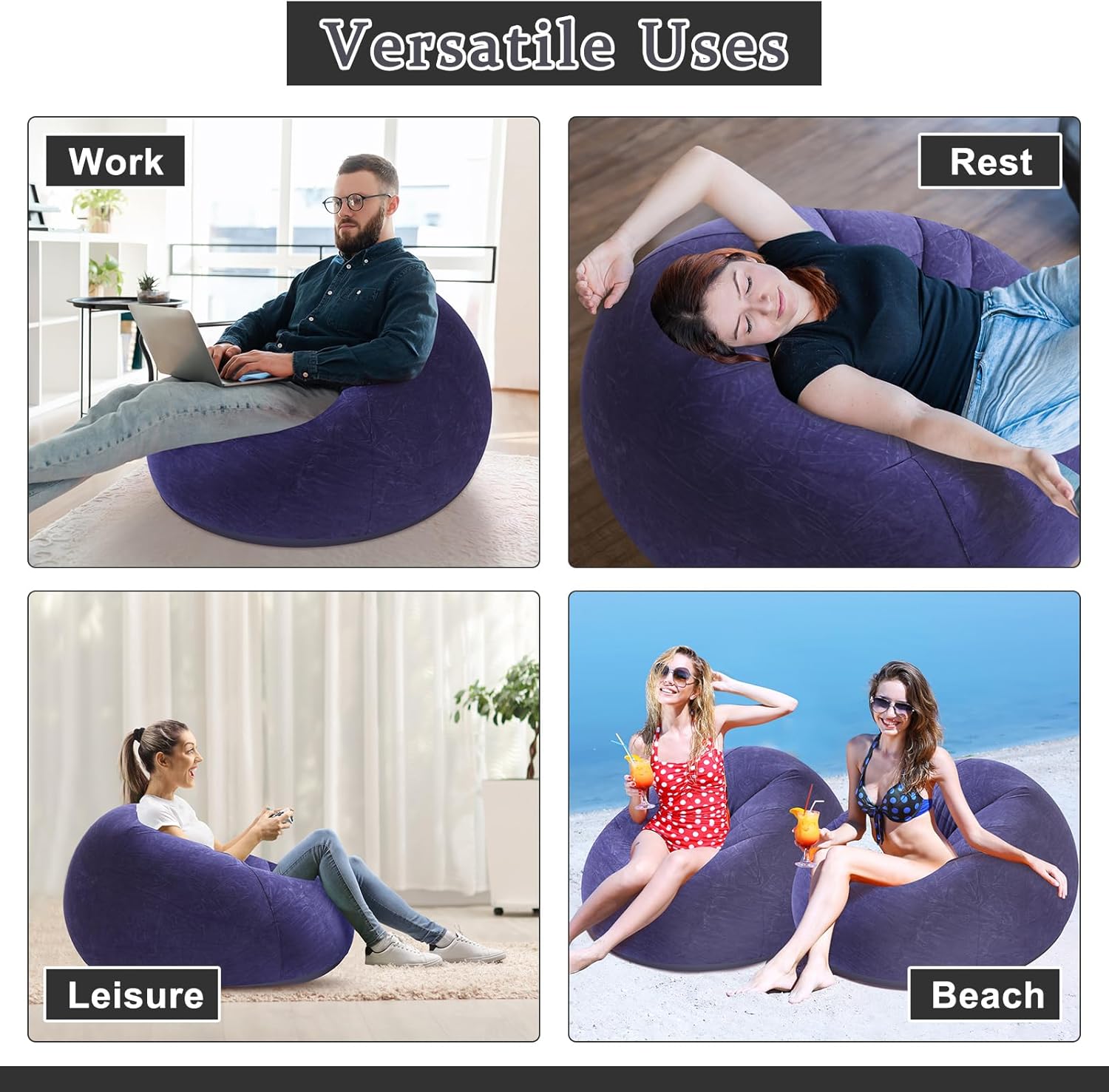 Inflatable Bean Bag Chair for Adults Blow up Lazy Sofa Lounge Folding Portable Movie Night Chair for Reading Room Bedroom Living Room Camping