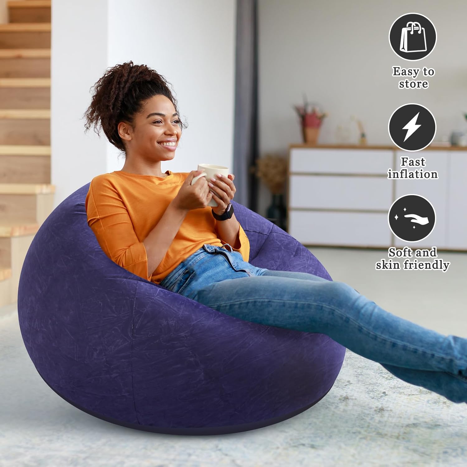 Inflatable Bean Bag Chair for Adults Blow up Lazy Sofa Lounge Folding Portable Movie Night Chair for Reading Room Bedroom Living Room Camping