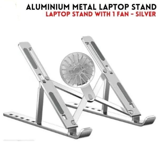 Adjustable Foldable Aluminum Laptop Stand with Detachable Cooling Fan 7-Level Height, Anti-Slip, Portable Metal Desktop Holder for 16-18” Laptops & Tablets