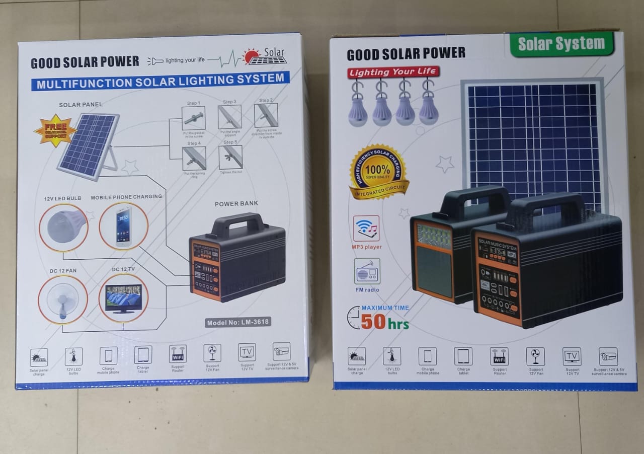 Portable Solar Light for Home Lighting and Charging Mobile Phone and 4pcs Super Bright 12VLed Bulb plus Fm and Bluetooth