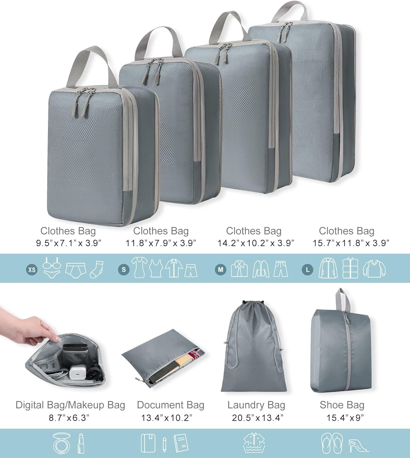 Compression Packing Cubes for Travel, Suitcases Essentials 8 Set Expandable Waterproof Travel Bags Organizer for Luggage Compression Bags Travel Essentials + Shoe Bag, Laundry Bag