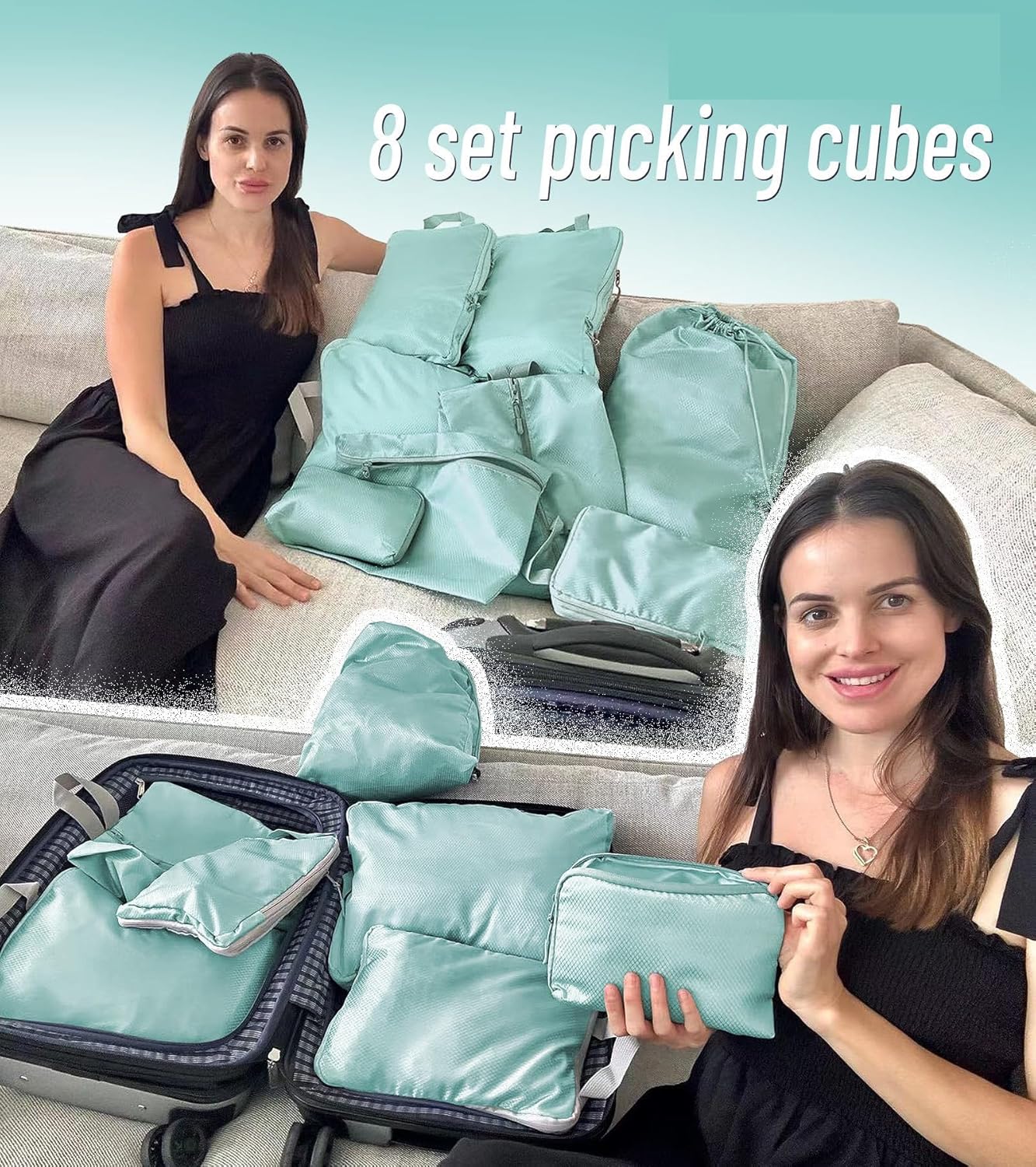 Compression Packing Cubes for Travel, Suitcases Essentials 8 Set Expandable Waterproof Travel Bags Organizer for Luggage Compression Bags Travel Essentials + Shoe Bag, Laundry Bag