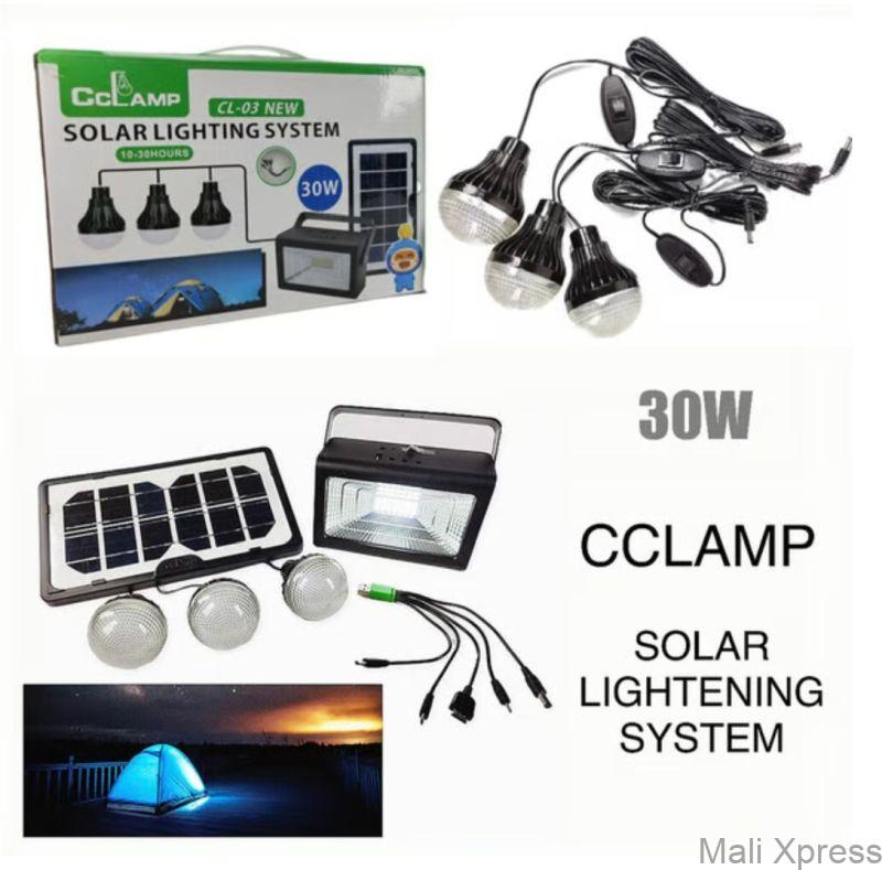 30W Solar Lighting System Cclamp CL-03 Solar Lighting Kit with 3 bulbs and 5 in 1 USB Cable Multifunctional Solar power bank