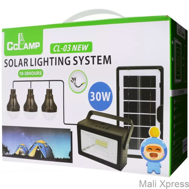 30W Solar Lighting System Cclamp CL-03 Solar Lighting Kit with 3 bulbs and 5 in 1 USB Cable Multifunctional Solar power bank