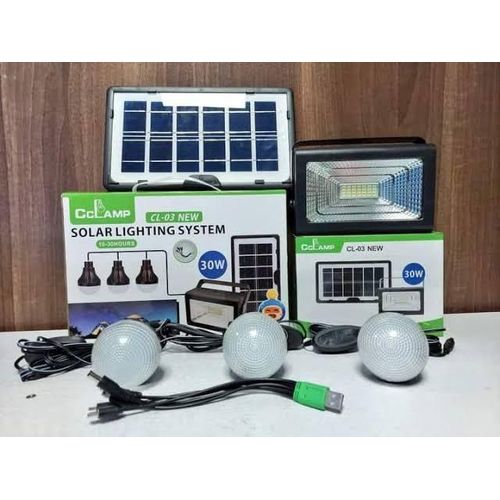 30W Solar Lighting System Cclamp CL-03 Solar Lighting Kit with 3 bulbs and 5 in 1 USB Cable Multifunctional Solar power bank
