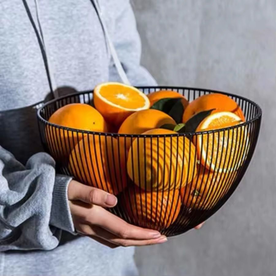 Metal Wire Fruit Basket, Large Round Storage Baskets for Bread, Fruit, Snacks, Candy, Households Items. Fashion Fruit Bowl Decorate Living Room, Kitchen, Countertop (Black)
