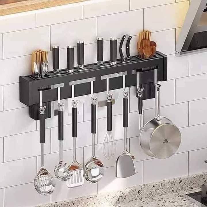 Kitchen Knife Rack, Spoon Knife Organizer, Heavy Duty Iron Material Knife Holder, Utensils Organizer, Wall Mounted Spoon Organizer, Kitchen Cutlery Organizer with towel rack and 8 hooks.
