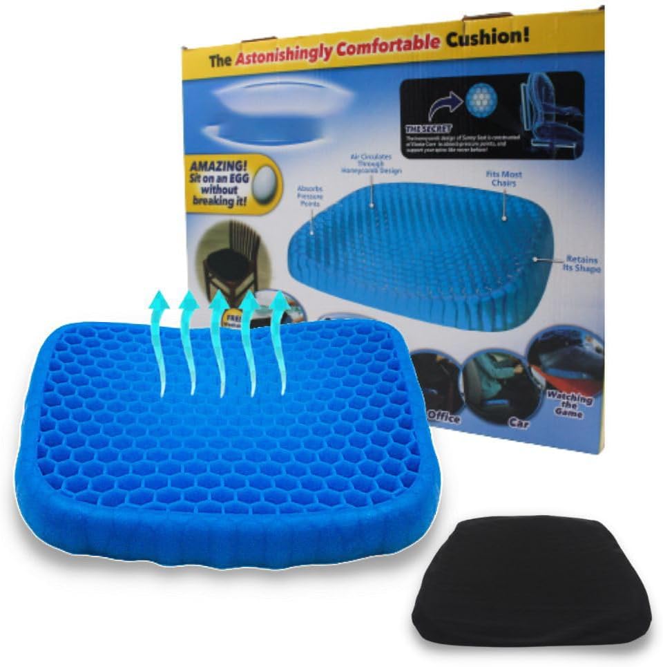 Comfortable Gel Cushion for Office Chair, Car Seat, Wheelchair, Relieves Hip and Back Fatigue + Non Slip Cover