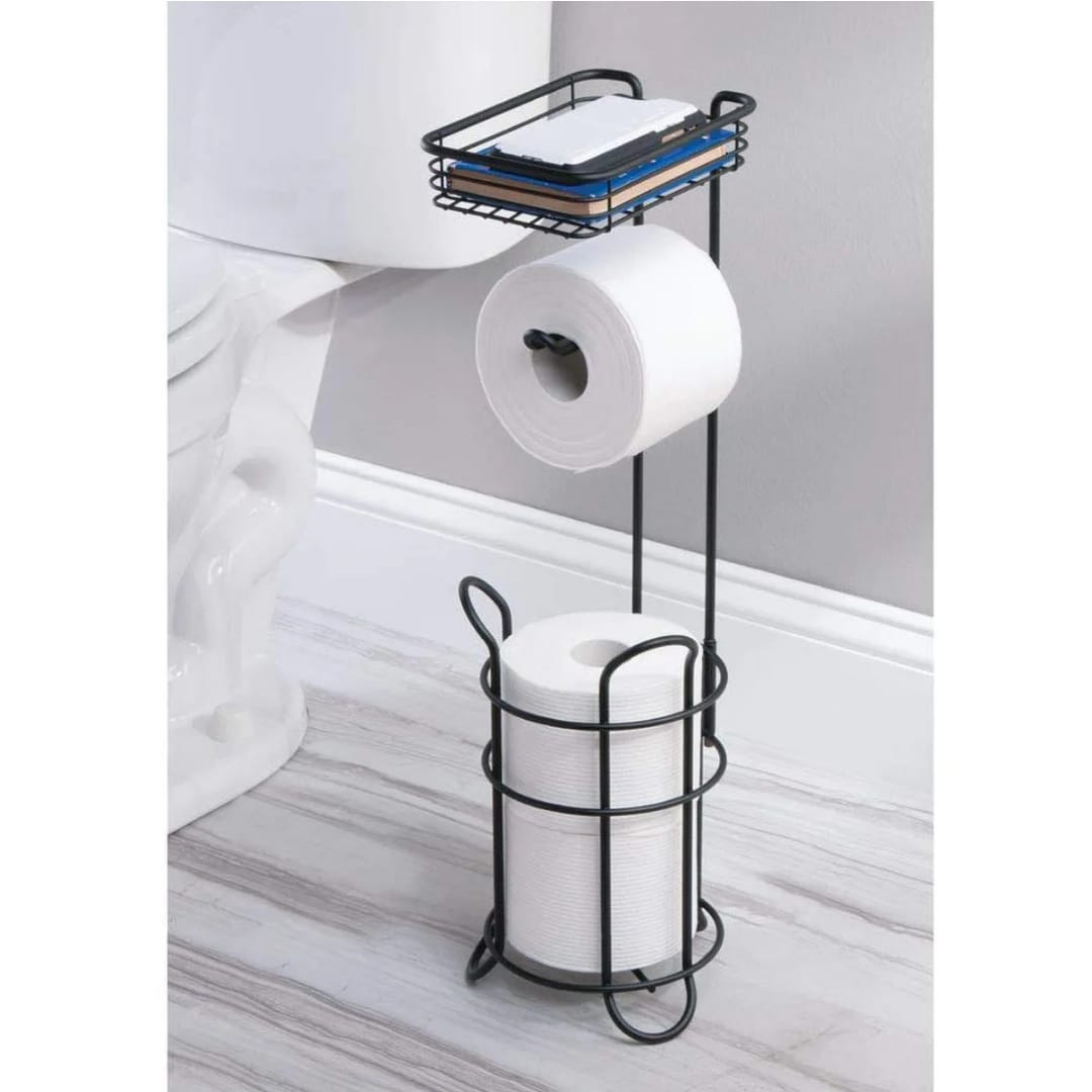 Steel Metal Free Standing Toilet Paper Holder Stand and Dispenser with Storage Shelf - Toilet Tissue for Bathrooms, Washroom - Holds 2 Extra Mega Rolls - Concerto Collection - Matte Black