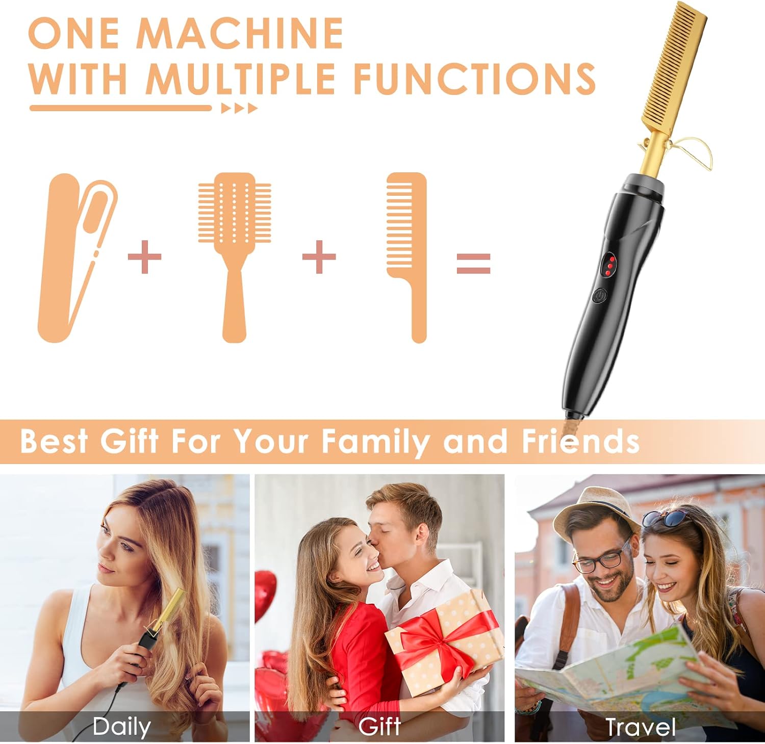 Hot Comb, Hair Straightener Electric Straightening Comb, Anti-Scald Portable Hot Comb Ceramic Beard Straightener Brush High Heat Press Comb for Wigs, Afro Hair & Beard