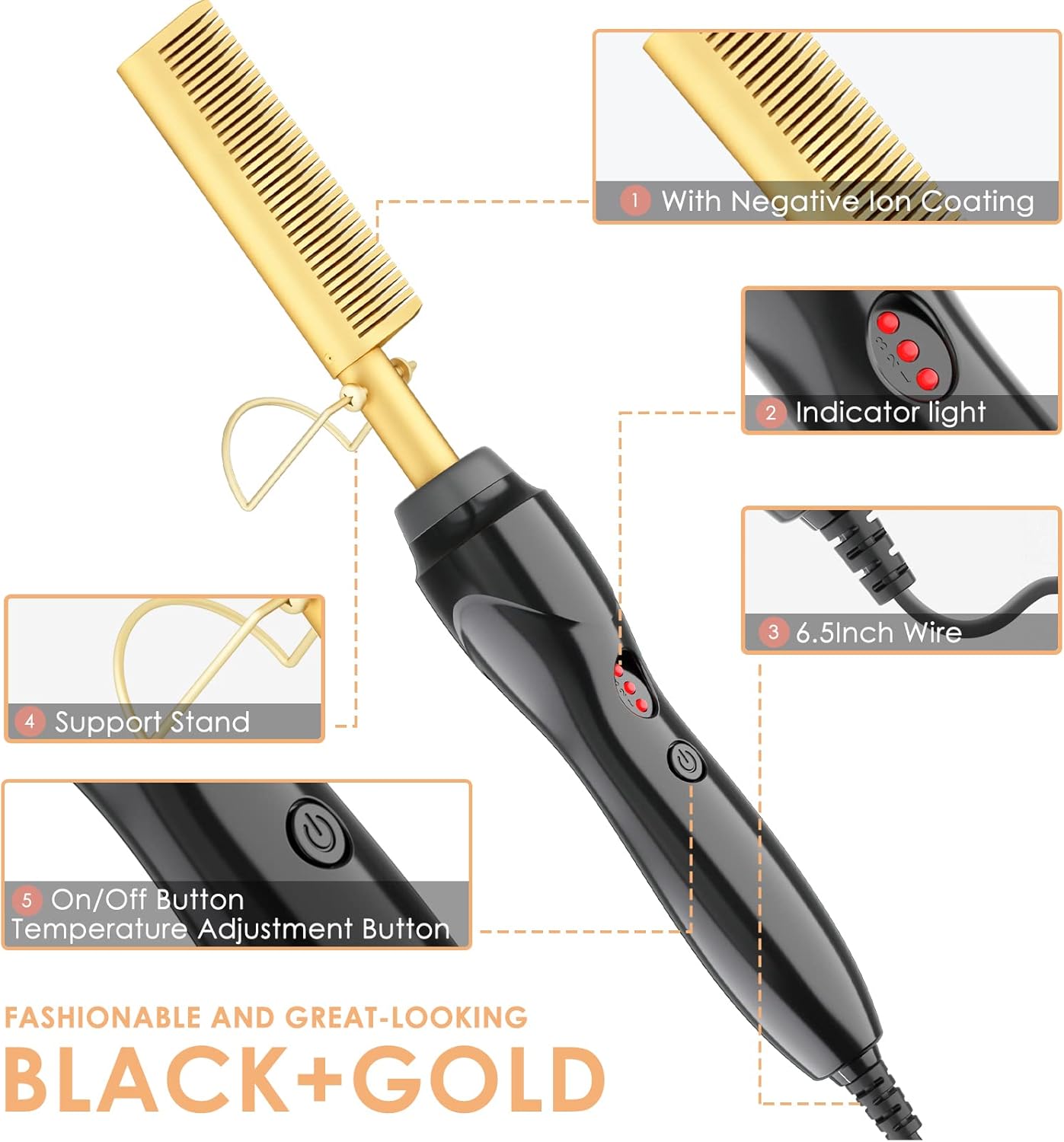 Hot Comb, Hair Straightener Electric Straightening Comb, Anti-Scald Portable Hot Comb Ceramic Beard Straightener Brush High Heat Press Comb for Wigs, Afro Hair & Beard