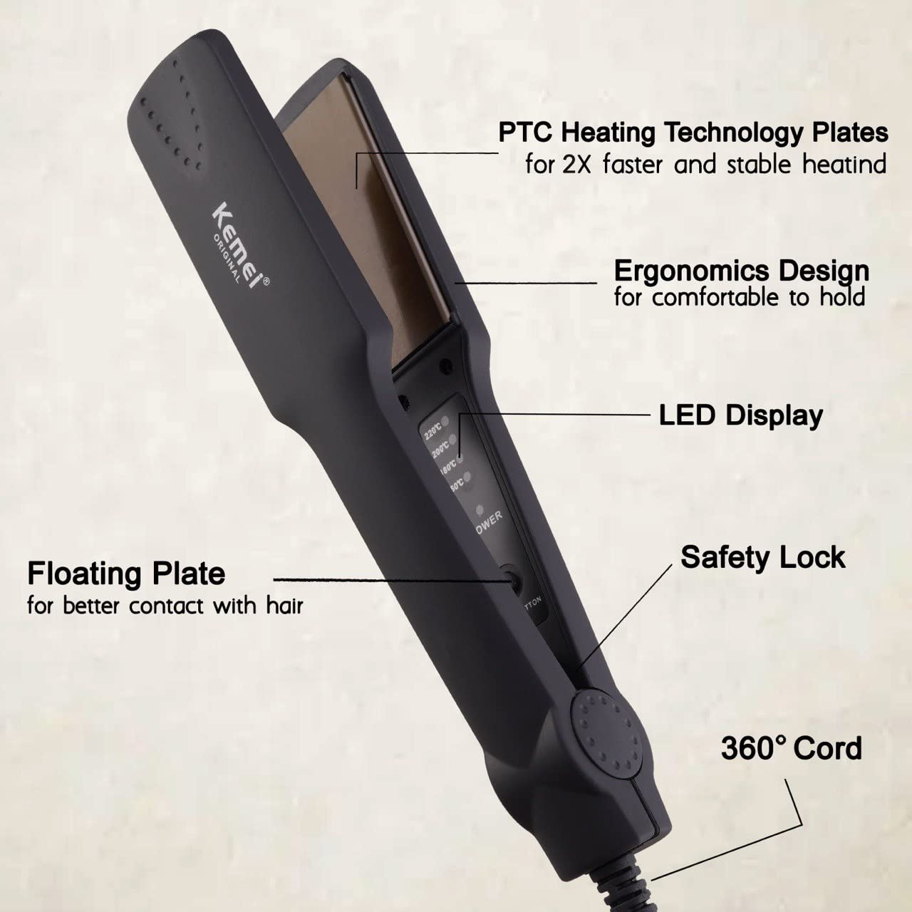 Kemei Professional Hair Straightener - Adjustable Temperature Flat Iron - Wet & Dry Use - EU Plug