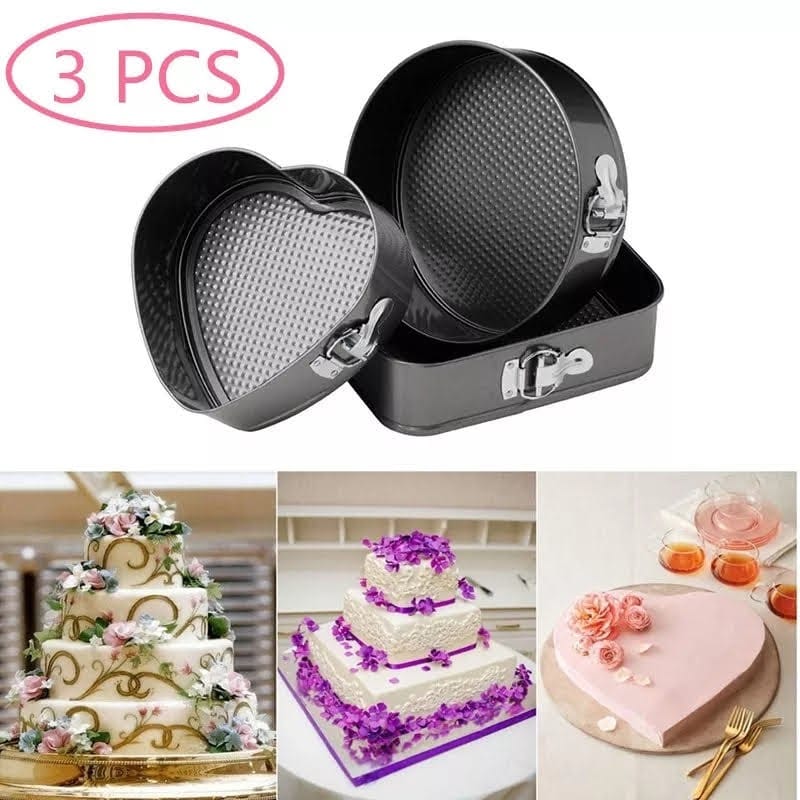 Cake Tin Teflon Coated Non Stick Pan Cake Mold Set of 3 - Heart Square Round Shapes with Loose Base -Easy Washable - for Oven 3 PCS