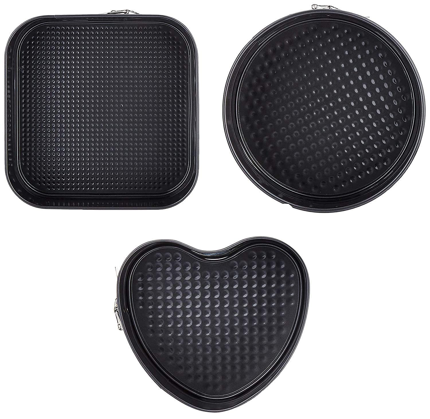 Cake Tin Teflon Coated Non Stick Pan Cake Mold Set of 3 - Heart Square Round Shapes with Loose Base -Easy Washable - for Oven 3 PCS