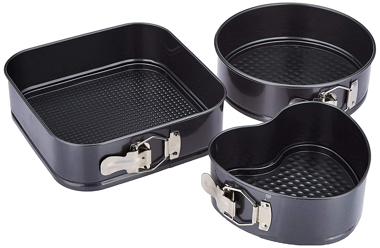 Cake Tin Teflon Coated Non Stick Pan Cake Mold Set of 3 - Heart Square Round Shapes with Loose Base -Easy Washable - for Oven 3 PCS