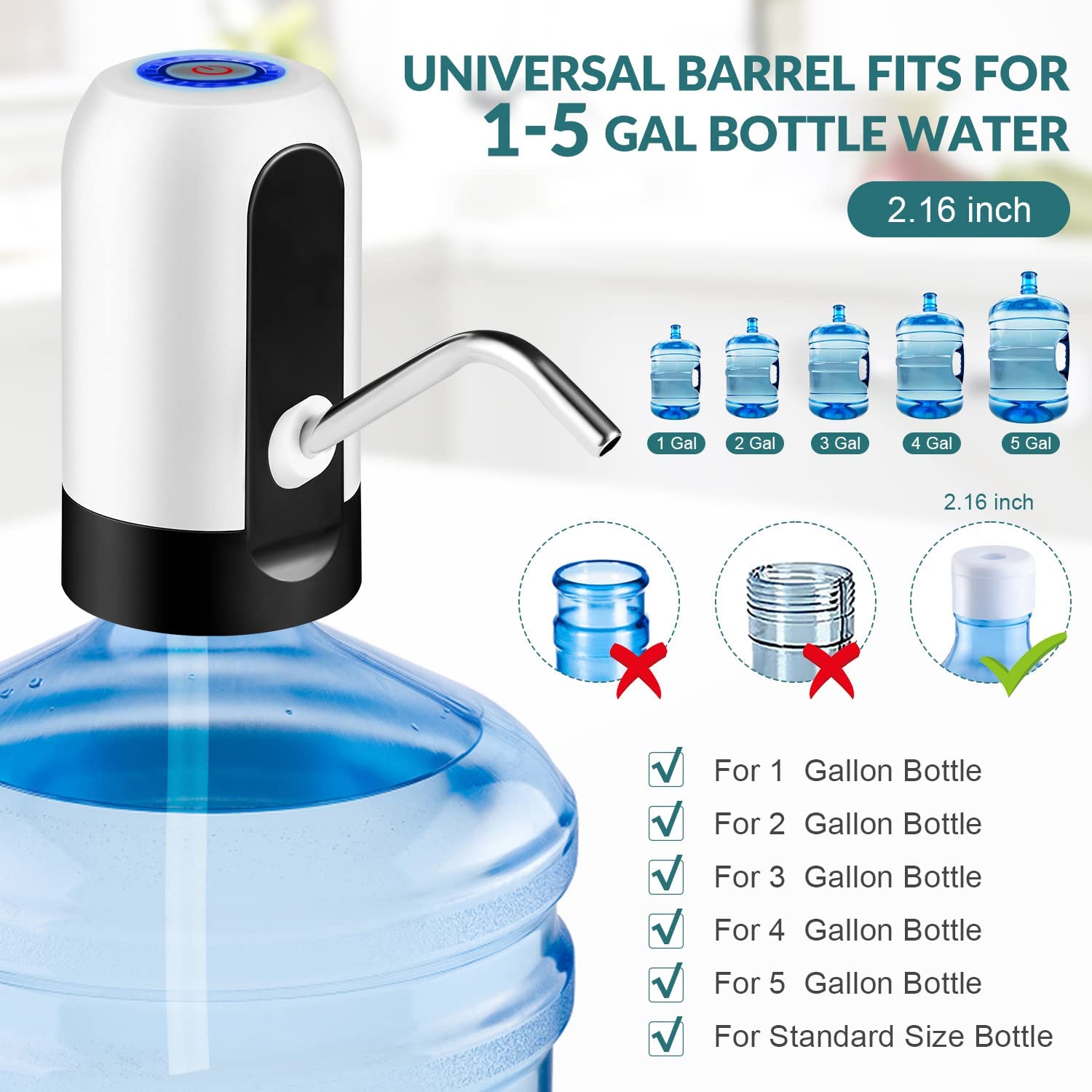 Water Dispenser for 5 Gallon Bottle, Automatic USB Water Dispenser Rechargeable Pump for Universal, Portable USB Charging Electric Drinking Water Jug Pump for Home, Office, Outdoor