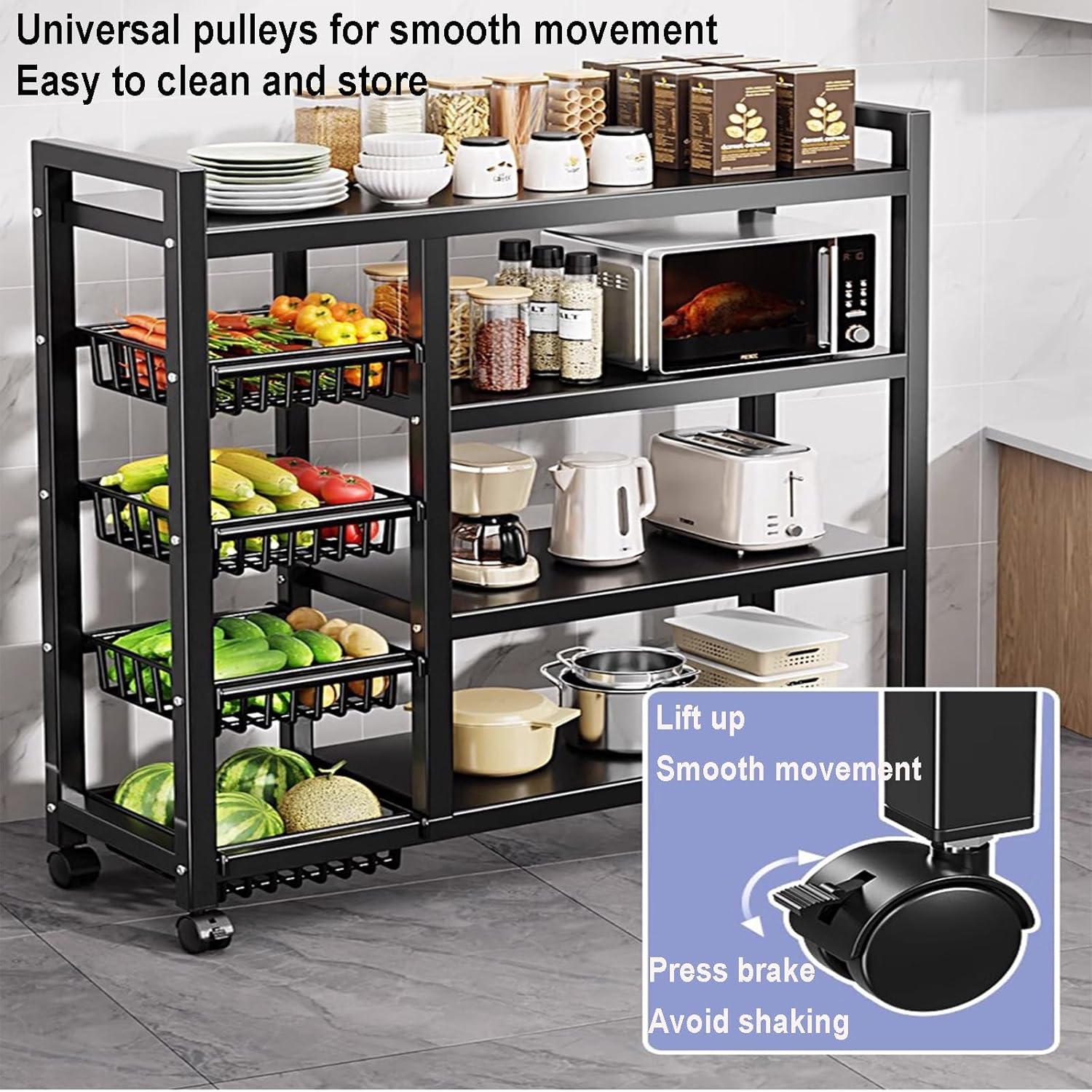Kitchen Organizer Shelf, 4-Tier Kitchen Storage Shelf Rack Floor Standing Kitchen Utility Cart Rack Kitchen Bakers Rack