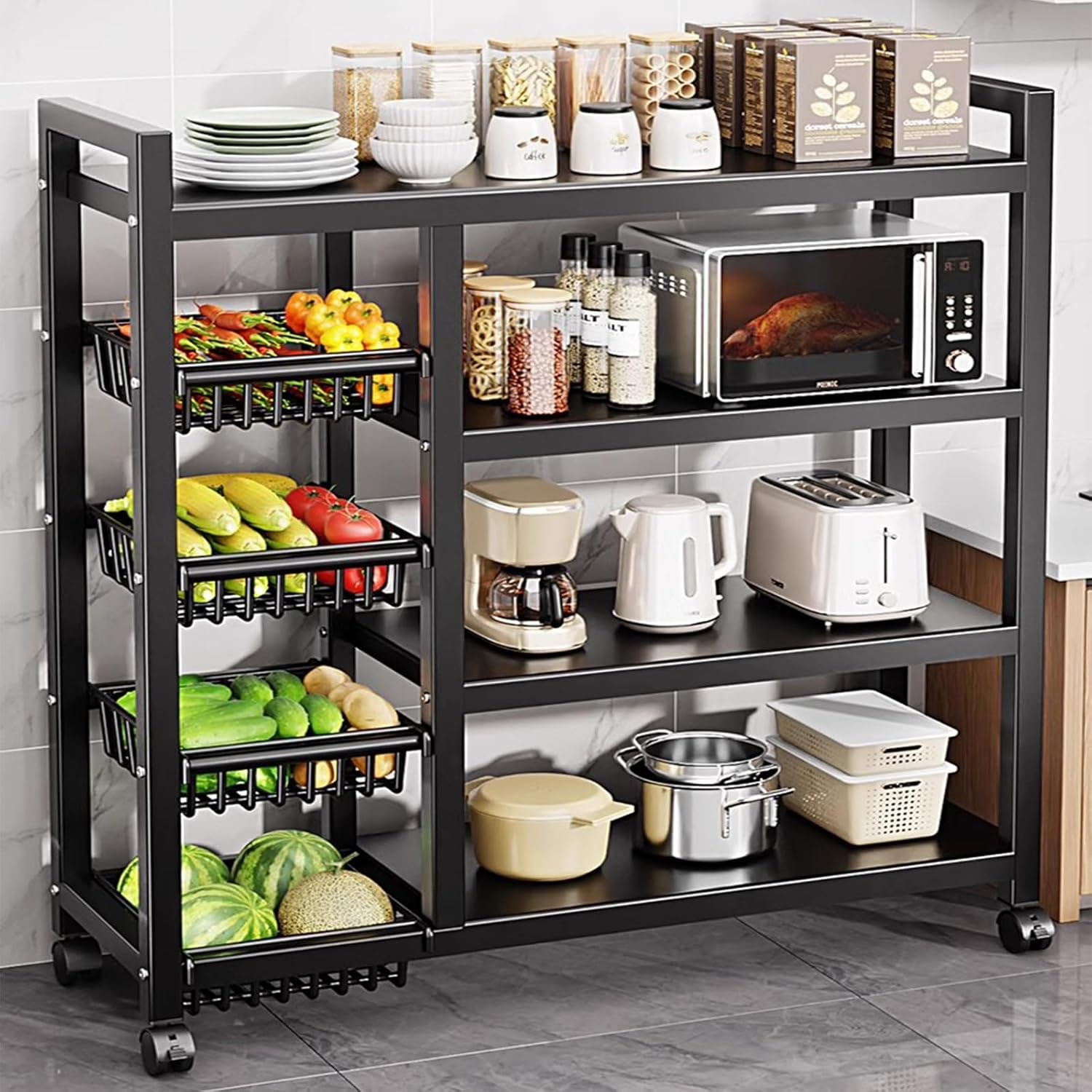 Kitchen Organizer Shelf, 4-Tier Kitchen Storage Shelf Rack Floor Standing Kitchen Utility Cart Rack Kitchen Bakers Rack