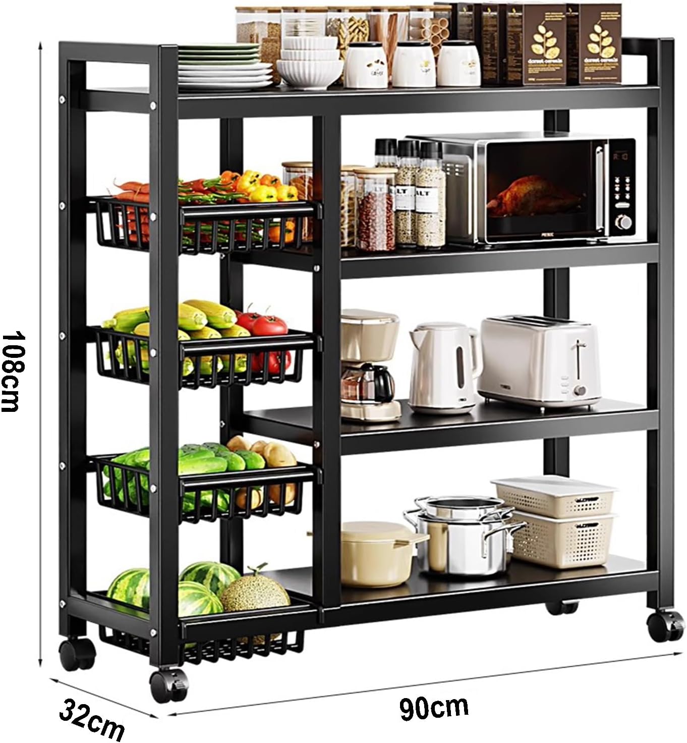 Kitchen Organizer Shelf, 4-Tier Kitchen Storage Shelf Rack Floor Standing Kitchen Utility Cart Rack Kitchen Bakers Rack