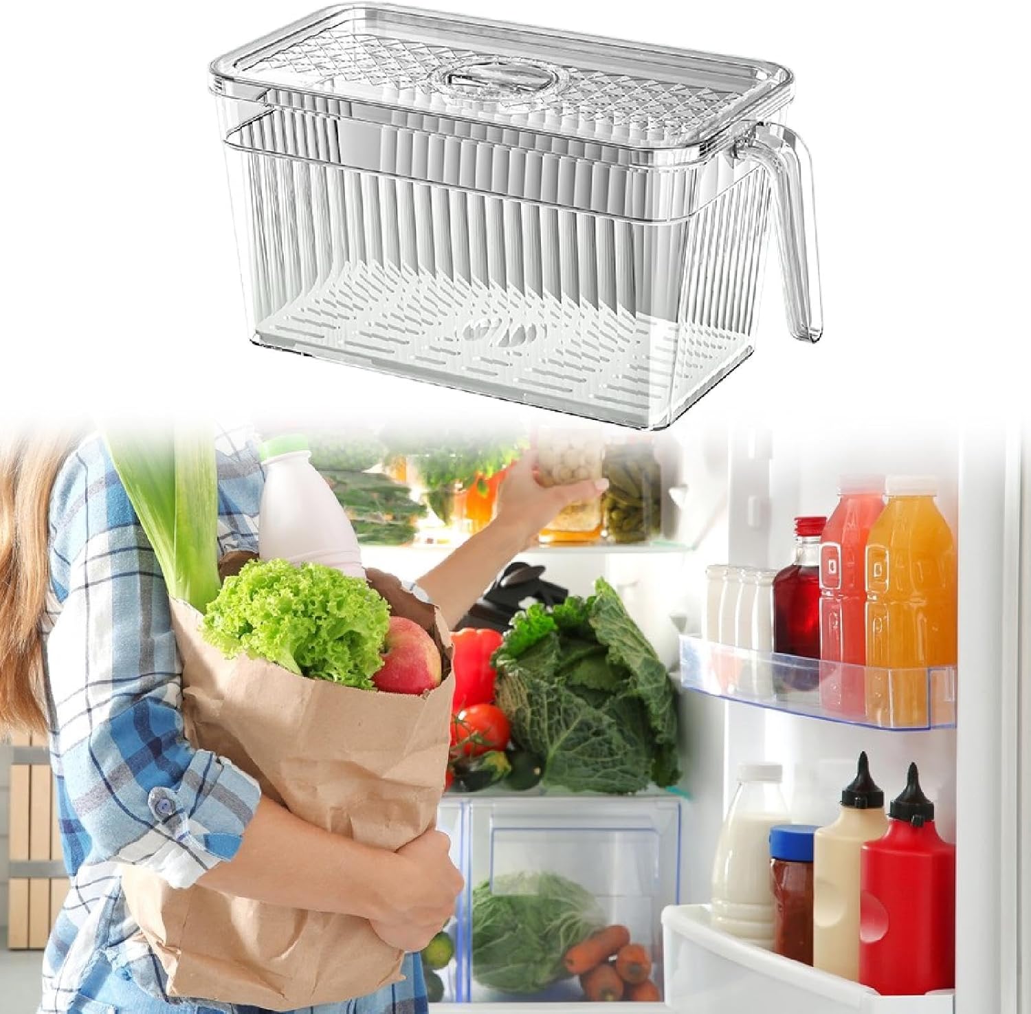 5L Refrigerator Organizer Fridge Food Storage Box with Removable Drain Tray Vegetable Fruit Case for Pantry Cabinet Freezer, Clear