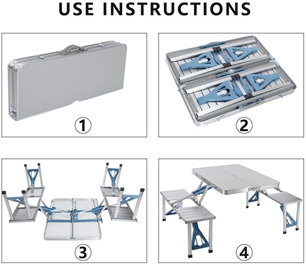 Aluminum Folding Camping Picnic Table With 4 Seats Umbrella Hole Portable Set Outdoor Garden Indoor Travel, Camping, Hole for Parasol, Foldable with Handle