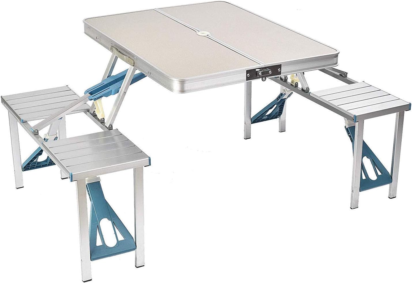 Aluminum Folding Camping Picnic Table With 4 Seats Umbrella Hole Portable Set Outdoor Garden Indoor Travel, Camping, Hole for Parasol, Foldable with Handle