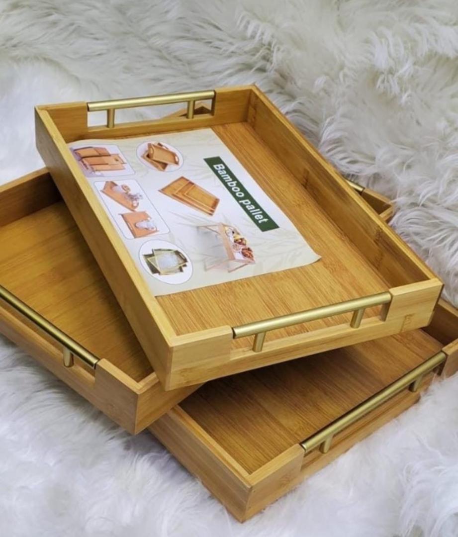 3pcs Rectangular Bamboo Serving Trays Set with Metal Handles – Multi-functional Wooden Food Storage & Display Platters