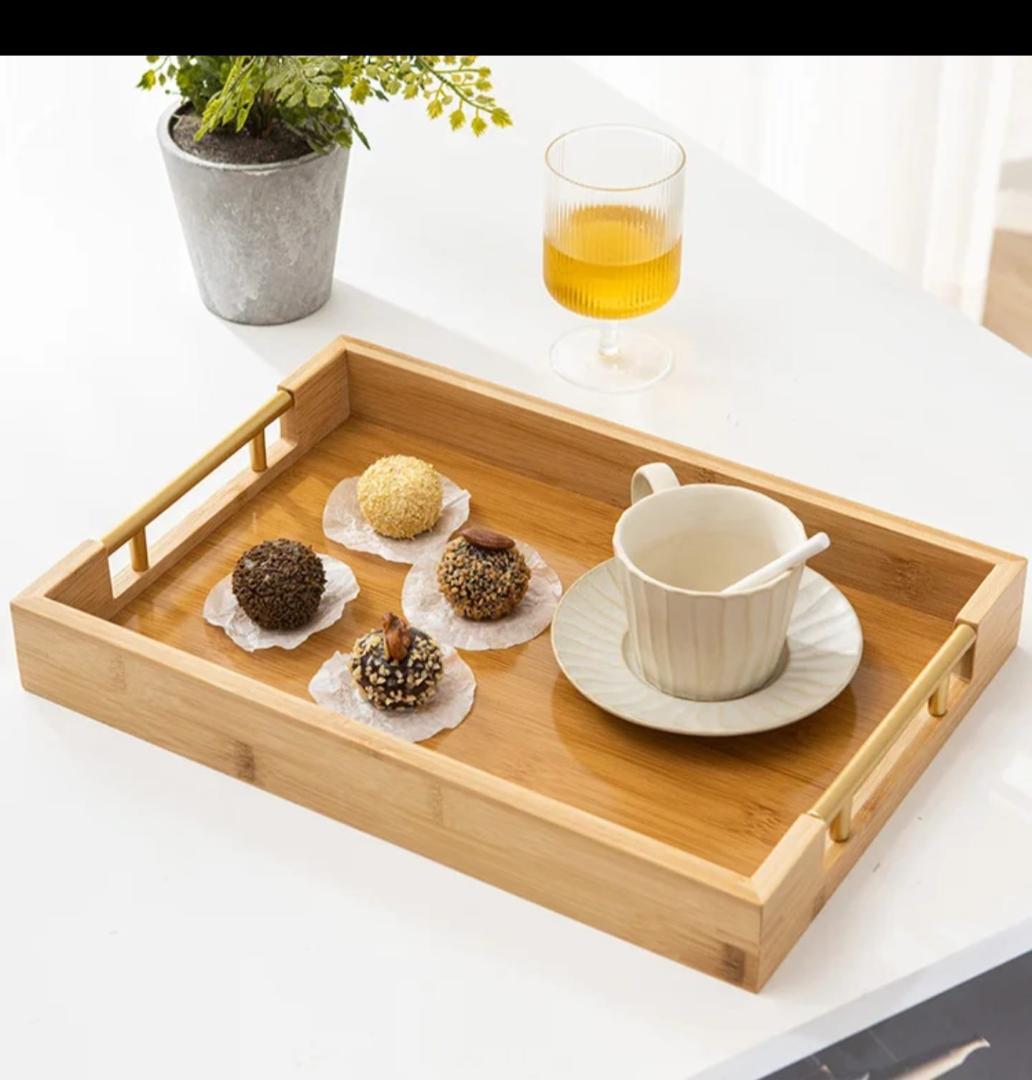3pcs Rectangular Bamboo Serving Trays Set with Metal Handles – Multi-functional Wooden Food Storage & Display Platters
