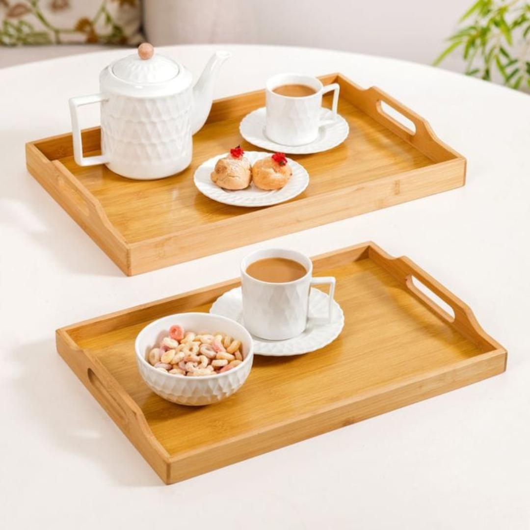 3pcs Bamboo Wooden Serving Trays with Handles – Multi-functional Food Storage & Display Tray Set