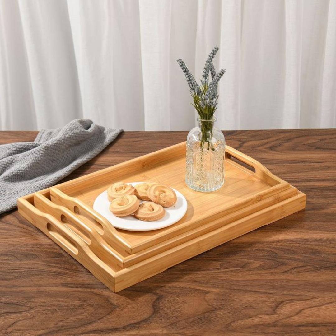 3pcs Bamboo Wooden Serving Trays with Handles – Multi-functional Food Storage & Display Tray Set