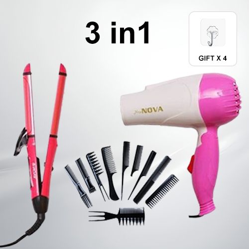 3 In 1 Hair Straightener And Curler With Hand Dryer - Pink+ Free Professional Hair Dryer+ High Quality 10 Pieces Professional Styling Hair Comb Set Offer free hanging hook
