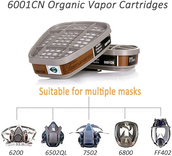 6001 Organic Vapor Cartridge with Activated Carbon Filters for 6100/6200/6800/7502/FF402 Gas Masks - 2pcs