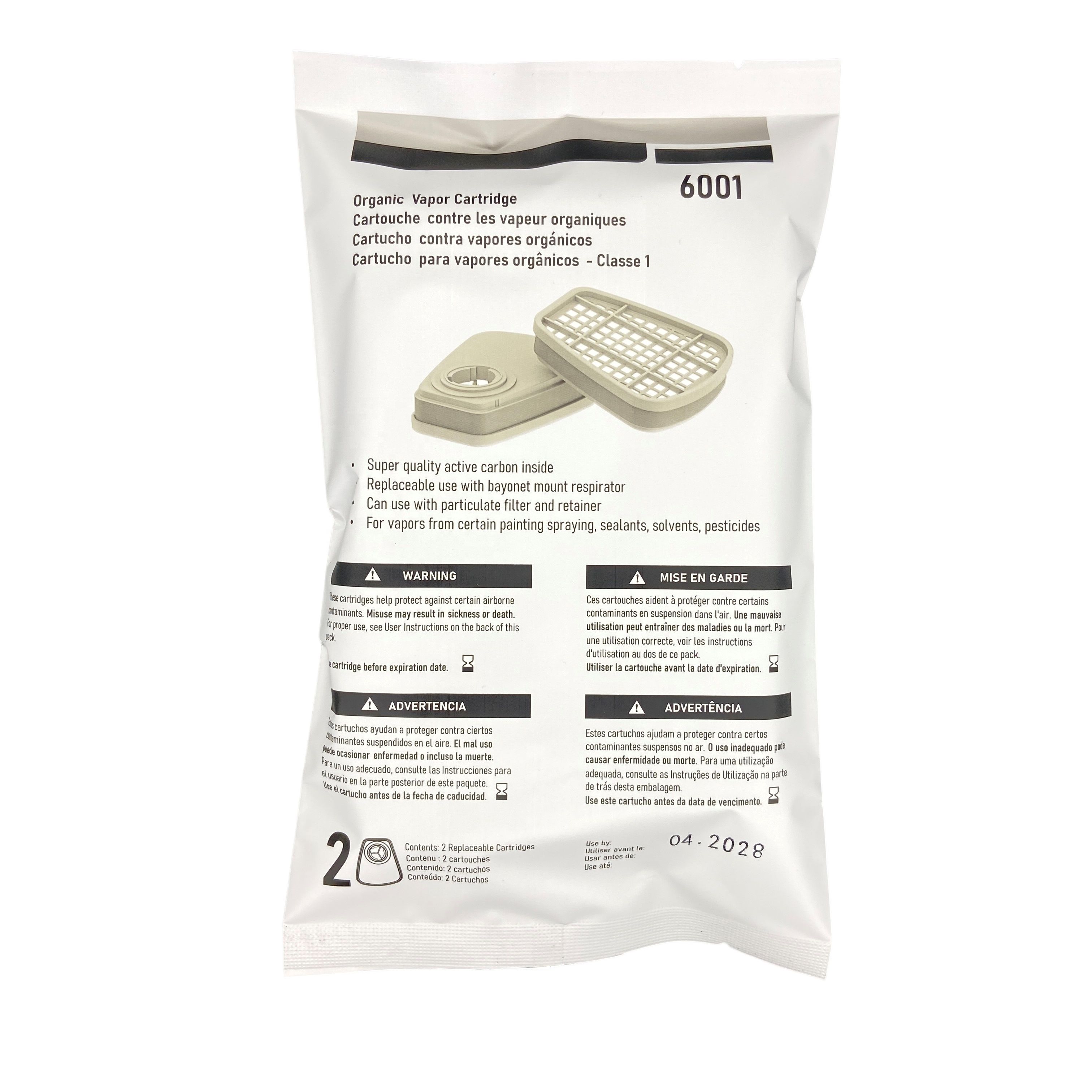 6001 Organic Vapor Cartridge with Activated Carbon Filters for 6100/6200/6800/7502/FF402 Gas Masks - 2pcs