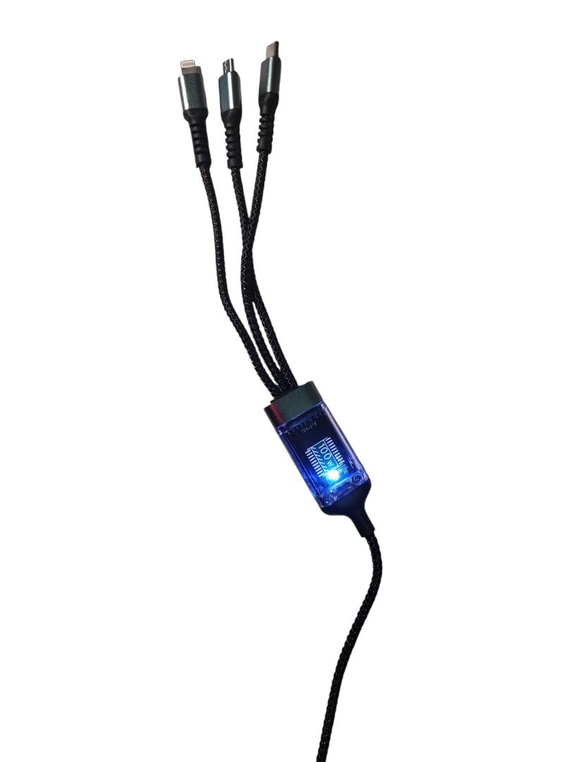 Upgrade Extra Thick, Transparent Chip, 3 in 1 100W (Extemely Fast) Charging Cable Type C,iPhone,Micro USB,High Speed Data Sync USB Cable For-  Vivo,iphone,Samsung,Tecno,Redmi,Oppo, infinix, Mkopa Phon