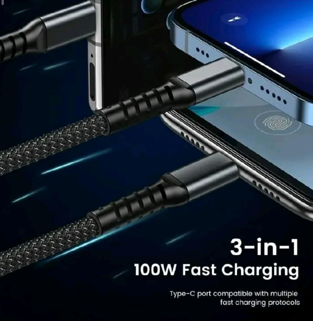 Upgrade Extra Thick, Transparent Chip, 3 in 1 100W (Extemely Fast) Charging Cable Type C,iPhone,Micro USB,High Speed Data Sync USB Cable For-  Vivo,iphone,Samsung,Tecno,Redmi,Oppo, infinix, Mkopa Phon