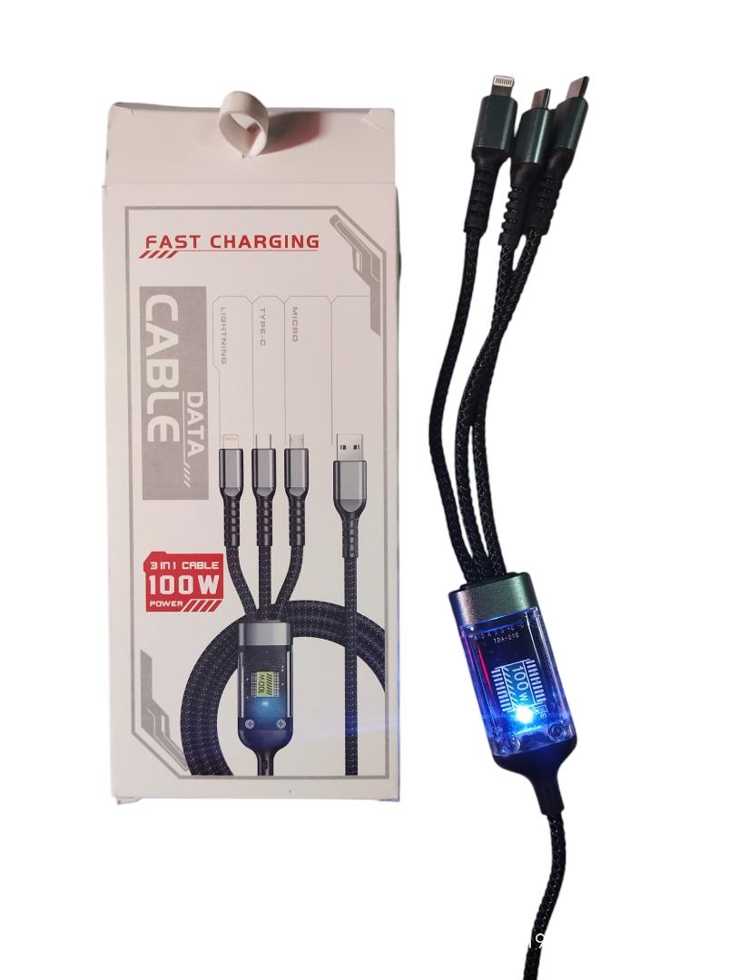 Upgrade Extra Thick, Transparent Chip, 3 in 1 100W (Extemely Fast) Charging Cable Type C,iPhone,Micro USB,High Speed Data Sync USB Cable For-  Vivo,iphone,Samsung,Tecno,Redmi,Oppo, infinix, Mkopa Phon