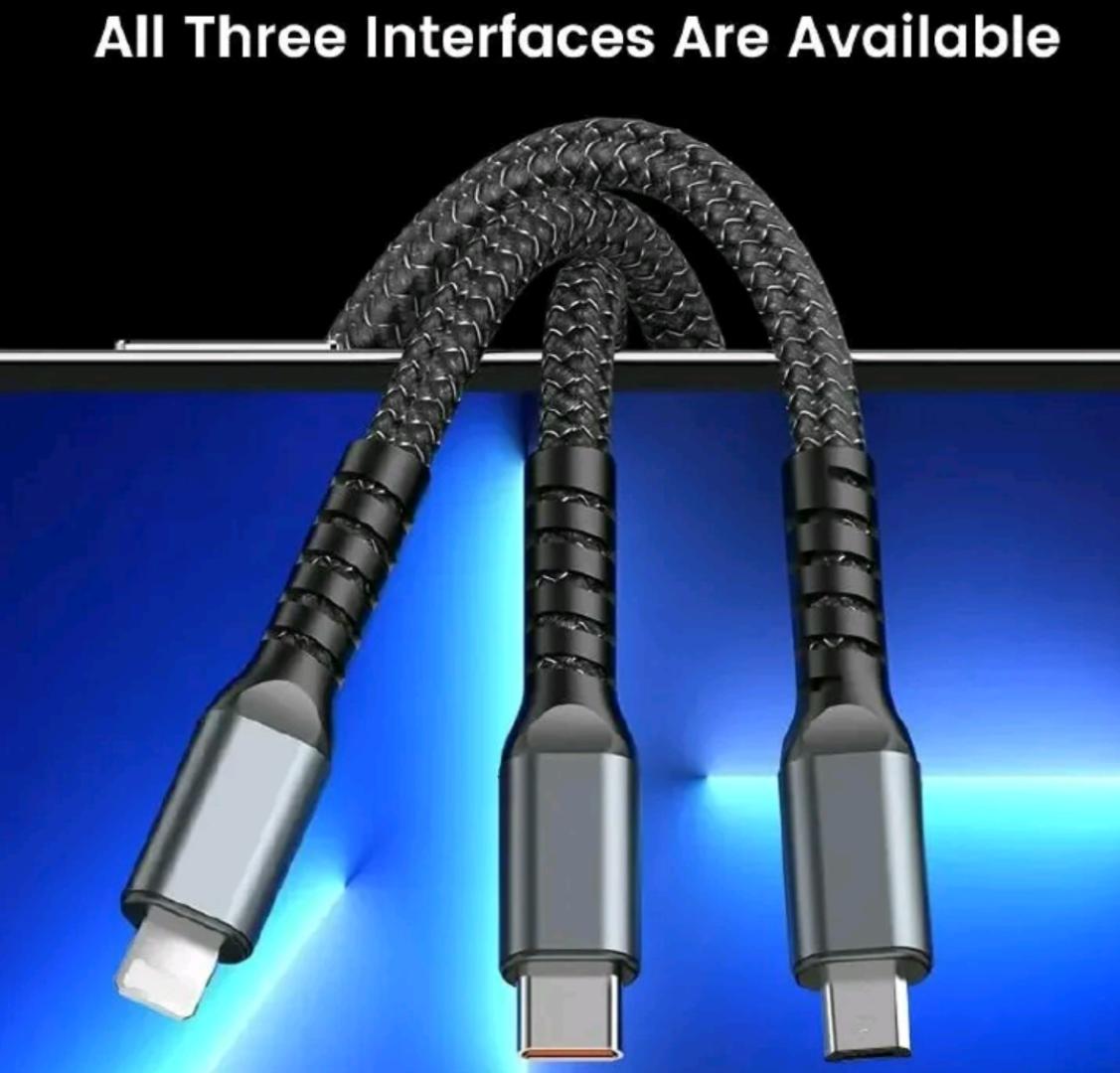 Upgrade Extra Thick, Transparent Chip, 3 in 1 100W (Extemely Fast) Charging Cable Type C,iPhone,Micro USB,High Speed Data Sync USB Cable For-  Vivo,iphone,Samsung,Tecno,Redmi,Oppo, infinix, Mkopa Phon