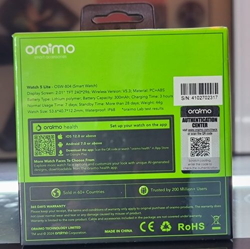 (NEW ARRIVAL) Oraimo Watch 5 Lite Smart Watch Smartwatch OSW-804 2.01'' Screen Bluetooth Durable Waterproof Dustproof AMOLED Bluetooth Call