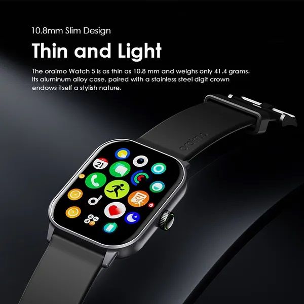 [Best Watch] Oraimo Watch 5  OSW-805 10.8mm 2.01" 50Hz HD Full Touch Screen Health Monitoring Sports Mode Wireless HD Calling Bluetooth 300mAh Battery 7 Days Usage Time 1ATM Water-resistant Smartwatch