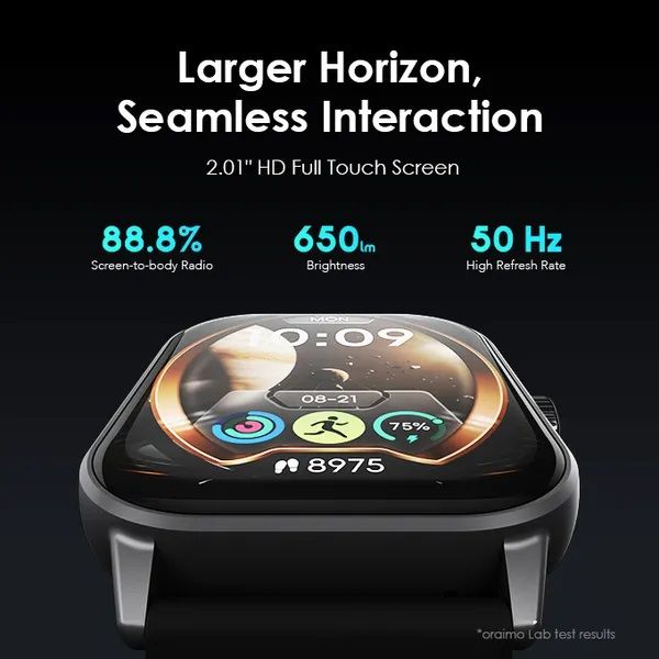 [Best Watch] Oraimo Watch 5  OSW-805 10.8mm 2.01" 50Hz HD Full Touch Screen Health Monitoring Sports Mode Wireless HD Calling Bluetooth 300mAh Battery 7 Days Usage Time 1ATM Water-resistant Smartwatch