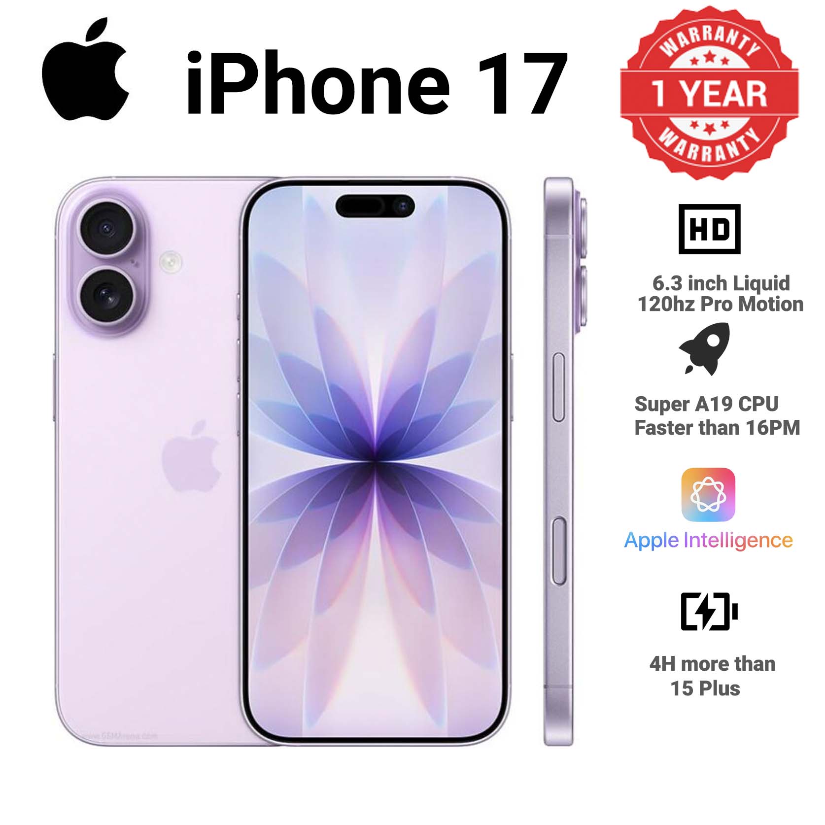 [Brand New] Apple iPhone 17 5G 6.3" LTPO Super Retina XDR OLED Display 256GB ROM + 8GB RAM 48MP+18MP 4K@24/25/30/60fps Camera Apple A19 Chip iOS 26 3692mAh 25W Batt Wrrty Face ID Type-C eSIM+SIM Phone