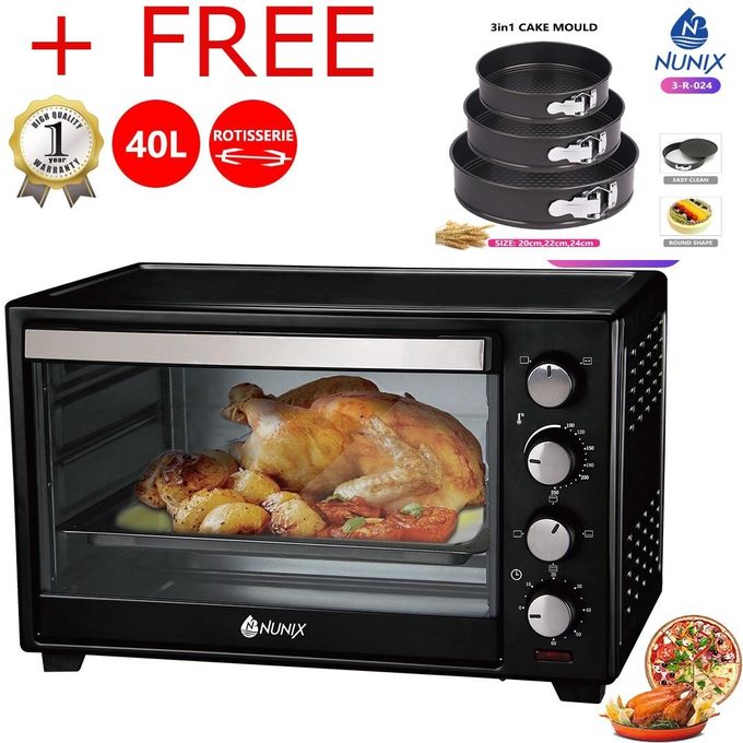 Nunix 40L Electric Oven With Rotisserie And FREE 3 Cake Mold, 4 knob settings 1600w ,High Quality Electric Oven model E40-R.
