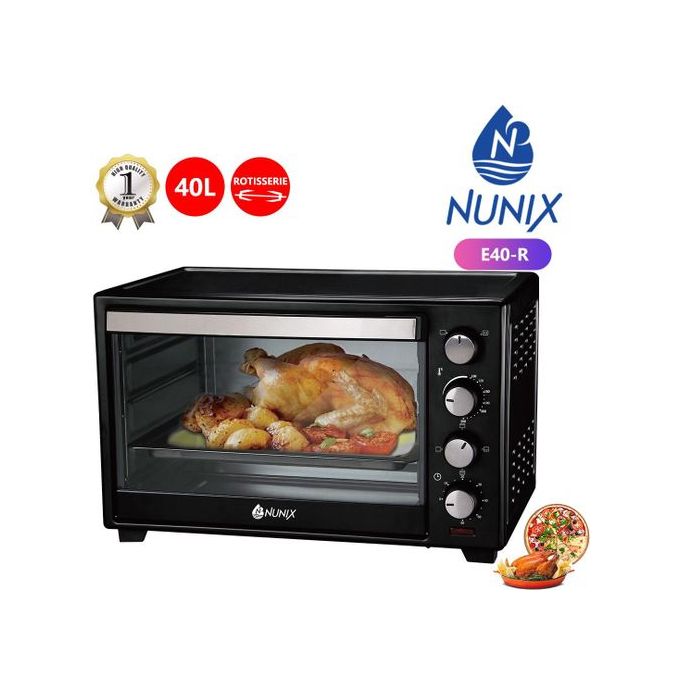 Nunix 40L Electric Oven With Rotisserie And FREE 3 Cake Mold, 4 knob settings 1600w ,High Quality Electric Oven model E40-R.