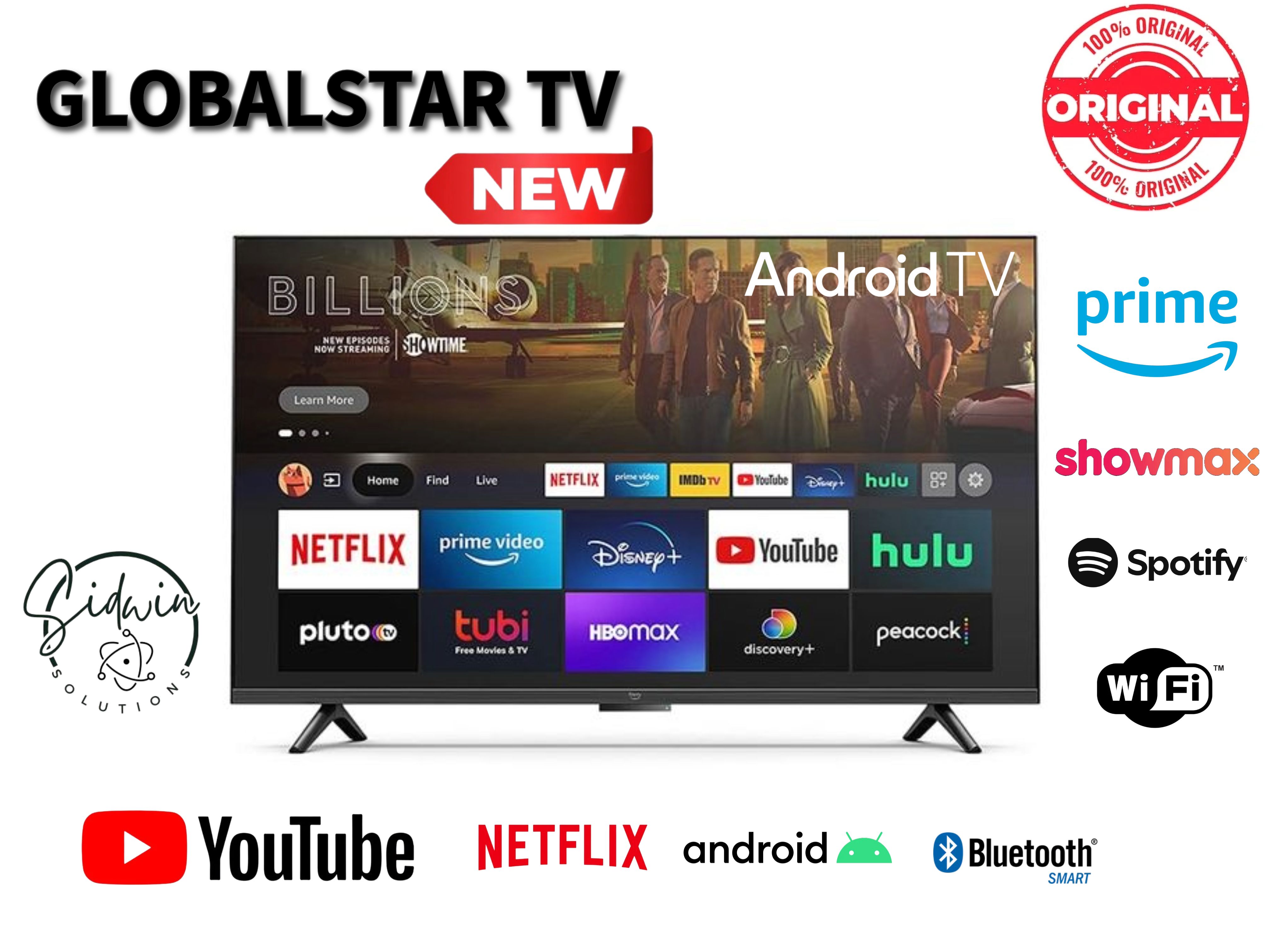 Globalstar TV 55" Inch Smart Android TV, USB, Netflix, YouTube Facebook Watch PRIME Video,LED WIFI & BLUETOOTH ENABLED FRAMELESS 4K HDMI DOLBY AUDIO NATURAL COLUR ENHANCER & MIRACASTING DVB T2 - Black