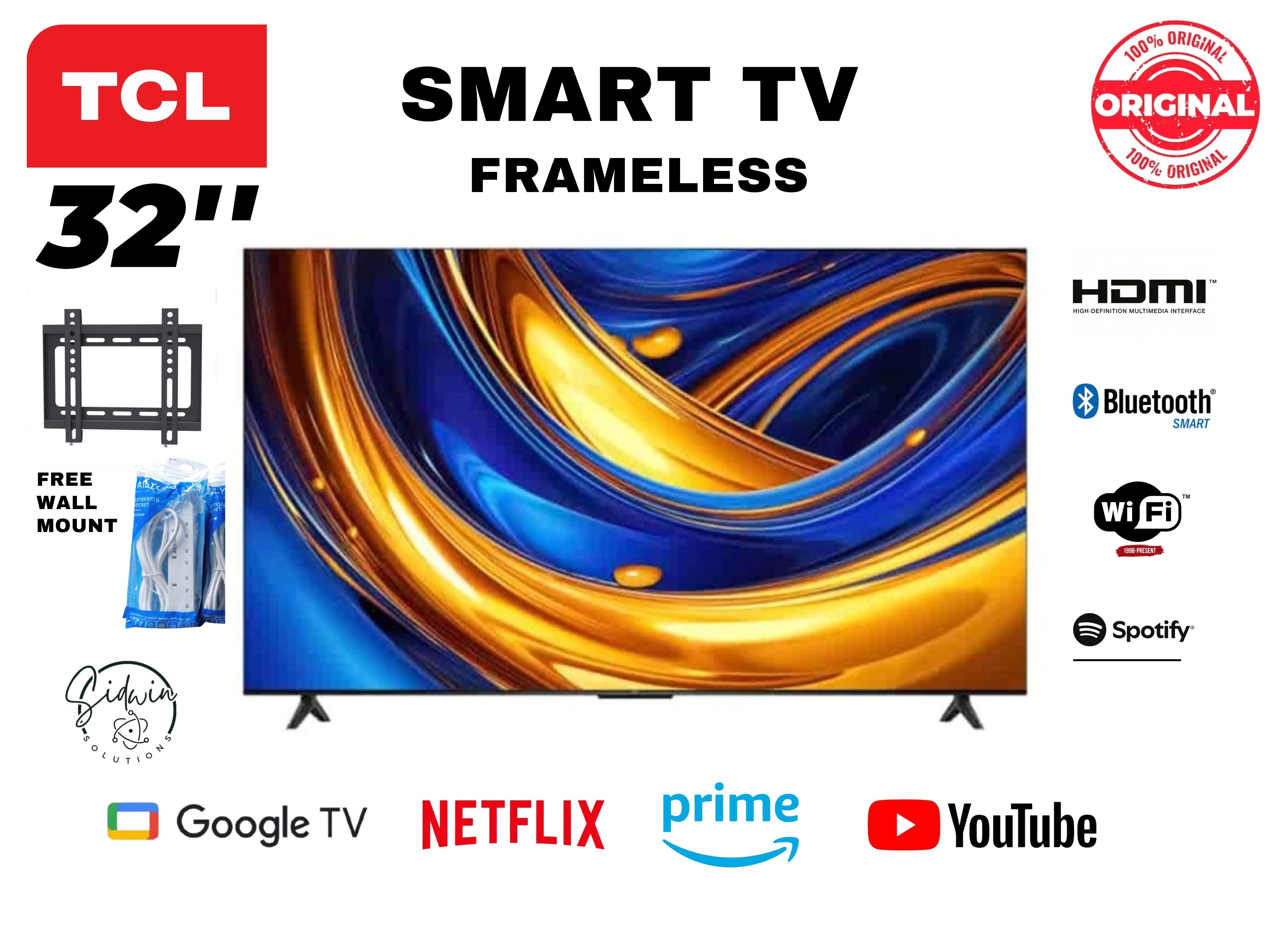 TCL 32" FULL HD ANDROID TV FRAMELESS,NETFLIX,SHOWMAX,YOUTUBE,PRIME VIDEO,SPOTIFY,TCL CHANNELS, WIFI, BLUETOOTH,I CAST. ACCESS TO GOOGLE PLAY-STORE,Free wall bracket &FREE extension cable.