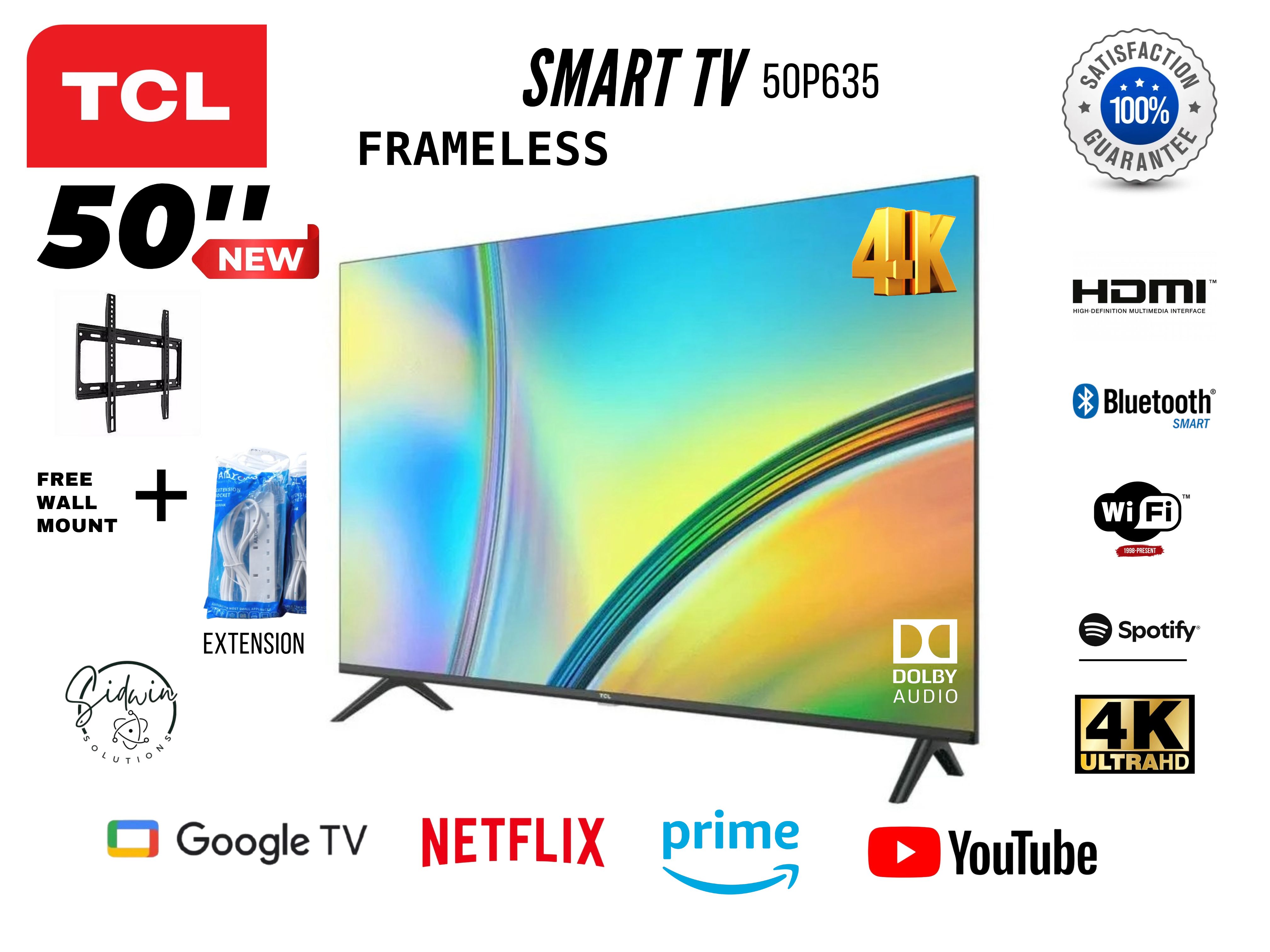 TCL 50" Inch MODEL V6B  4K HDR Android TV,BLUETOOTH-ENABLED+FREE TV MOUNT+EXTENSION, DOLBY SOUND, WIFI,HDMI, YOUTUBE,NETFLIX,PRIME VIDEO, FRAMELESS, HRD 4K TV,Dynamic Color Enhancement.1 YR WARRANT